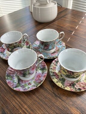 Floral Porcelain Tea Cup & Saucer Set - Multicolor Rose Pattern by Betty Platner